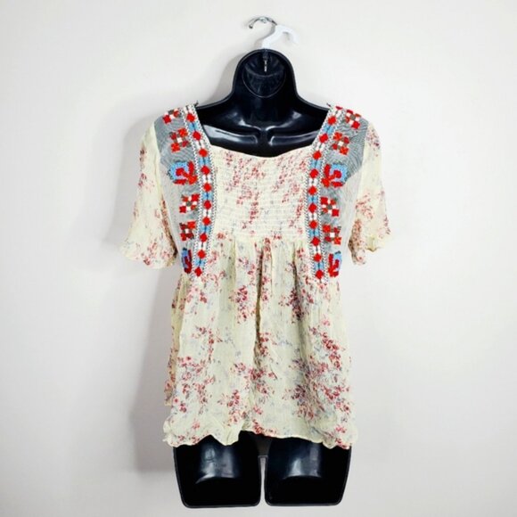 Zara Retro Folk Embroidered Chiffon Boho Coquette Prairie Country Blouse S - Picture 3 of 8